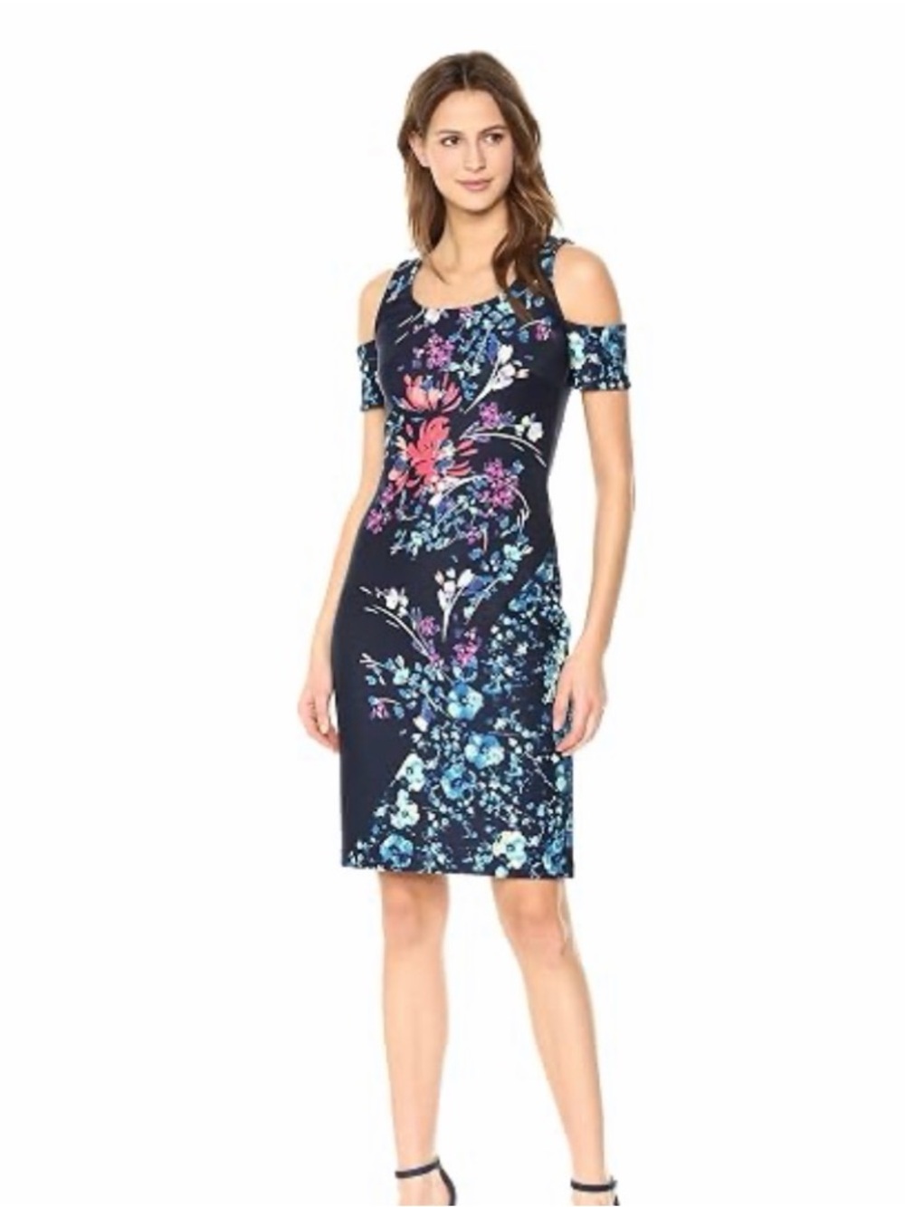 RACHEL Rachel Roy Navy Floral Cold-Shoulder Midi Dress